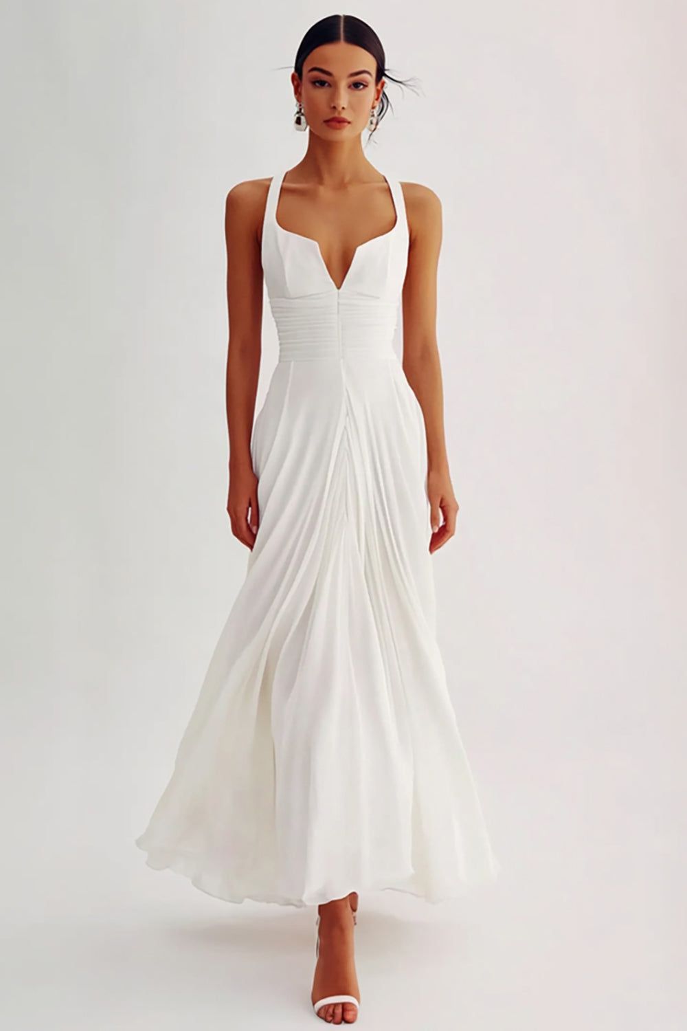 ZAPAKASA Women A Line White Chiffon Long Rehearsal Dinner Dress Pleated V-Neck Engagement Dress